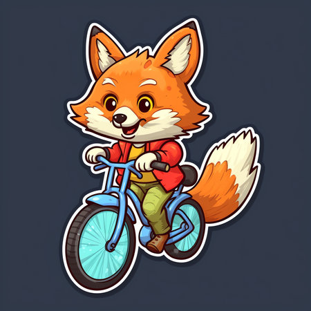 Fox biking in nature. Summer character, outdoors activity. Cute seasonal vector illustration in flat cartoon styleの素材