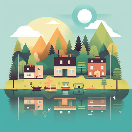 Cute landscape with small house, lake and mountains. Vector illustration in flat styleの素材