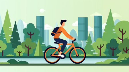 Cycling landing page. Man riding bicycle in the park. Illustration for active lifestyle, training, cardio exercising. Vector illustration in flat styleの素材