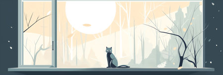 Christmas window with winter landscape, cat sitting on the window sill. Merry christmas greeting card template. Vector illustration in flat styleの素材