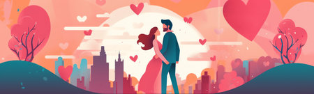Loving couple in spring. Landing page template. Cute vector illustration in flat style.の素材