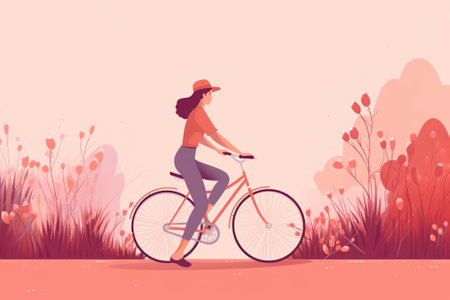 Woman riding a bike in spring with flowers in the basket. Cute vector illustration in flat style.の素材