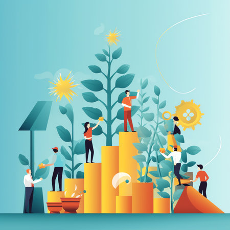 People working on business and profit growth. Characters doing various tasks, teamwork.の素材