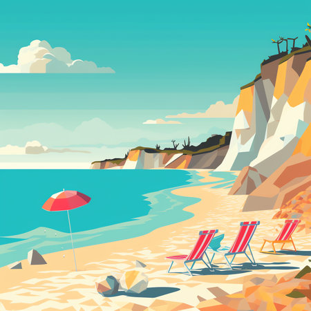 Beach landscape. Colorful summer design. Vector illustration in flat styleの素材