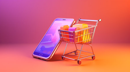 Generative AI purple,orange,yellow shopping bag and buy icon floating on smartphone screen,vector 3d isolated on white background for delivery and online shopping concept design,vector for advertising designの素材