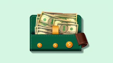 Generative AI 3D wallet vector cashback money refund icon concept. money holding 3d wallet, dollar bill and coin stack, online payment and money saving concept background. 3d money wallet refund for business bankの素材