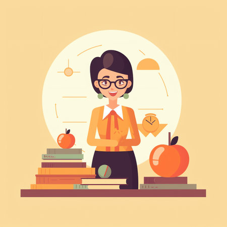 Female teacher, Happy teacher's day greeting card template. School and learning concept. Cute vector illustration in flat cartoon styleの素材