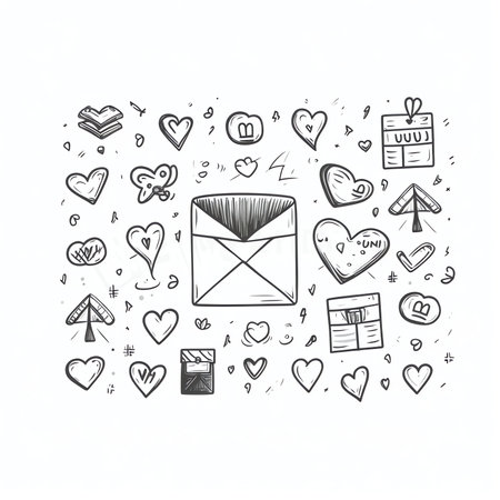 Valentine's day card set, postcard or banner design with handwritten font, a postbox, an envelope, a dove cute illustration. Vector illustration design templateの素材