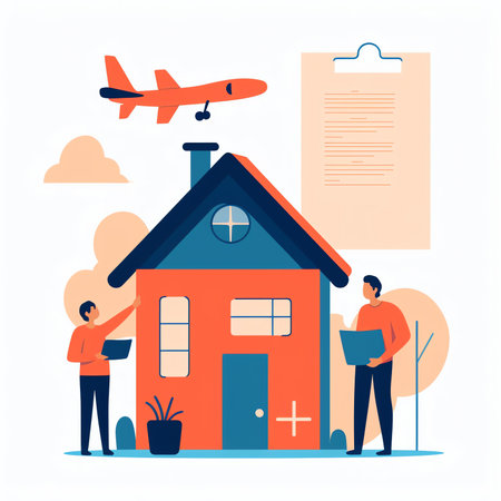 Online check-in landing page, concept illustration with smartphone, boarding pass. Small people doing various tasks. Vector illustration in flat styleの素材