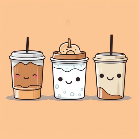 Coffee to go illustration with cute cartoon hand drawn coffee cupsの素材