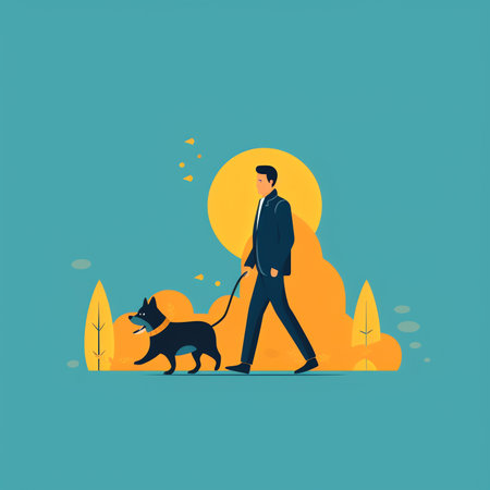 Man walking dog in spring. Cute vector illustration in flat style.の素材