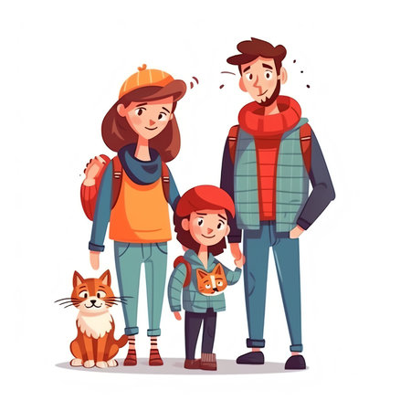 Happy family concept. Parents with kids and cat. Cute vector illustration in flat cartoon styleの素材