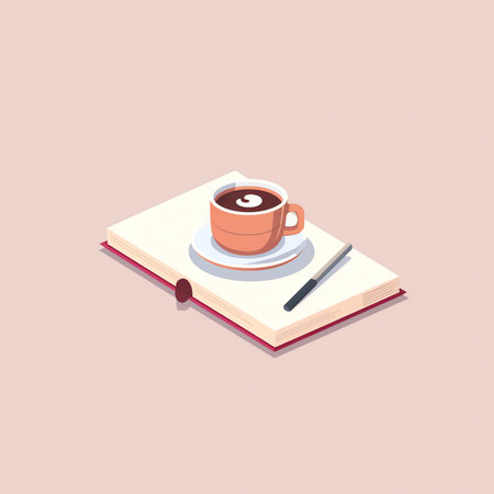 Studying concept. Open book, a coffee cup, a lamp on a table, cute vector illustration in flat styleの素材