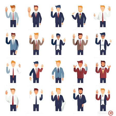Businessman character in flat style, man wearing suit in different poses, happy and sad, set of characters vector illustration templateの素材