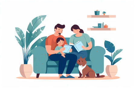 Dad reading for kids. Family sitting on the sofa with book. Cute vector illustration in flat styleの素材