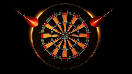Generative AI Dartboard with darts Sports game. Marketing time concept. Targeting the business. Realistic 3d design target and arrows. Concept web elements. Vector illustrationの素材