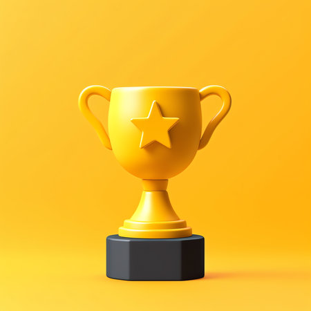 Generative AI Champion trophy cup with gold star. Winner prize, sport award, success concept. 3d vector icon. Cartoon minimal style.の素材