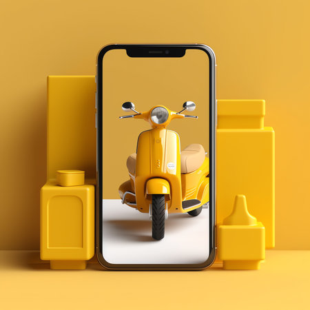 Generative AI Online delivery service or delivery tracking mobile application concept. Delivery guy in yellow uniform stands with the package box and big phone. 3d vector illustrationの素材