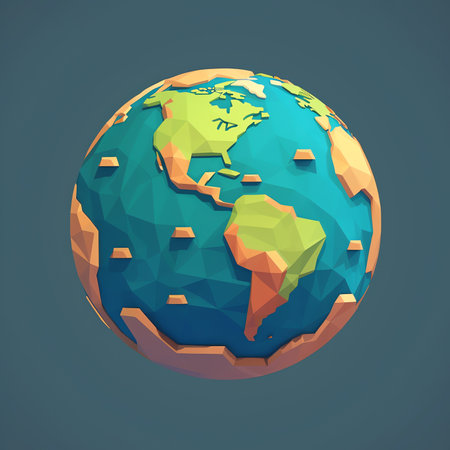 Generative AI Low poly style earth globe. World globe illustration with green polygonal geometric map of the land. Vector 3D polygon planet icon design.の素材
