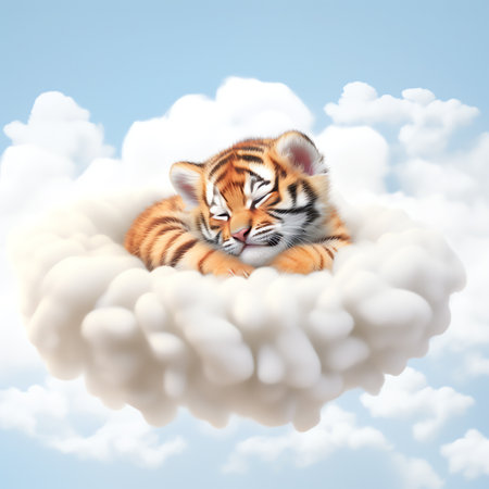 Cute tiger sleeping on cloud. Baby animal concept illustration for nursery, character for childrenの素材