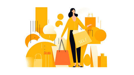 Black friday sale banner with woman character, online shopping concept.の素材