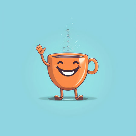 Cute coffee cup cartoon, concept vector illustration in flat cartoon style, on light blue backgroundの素材