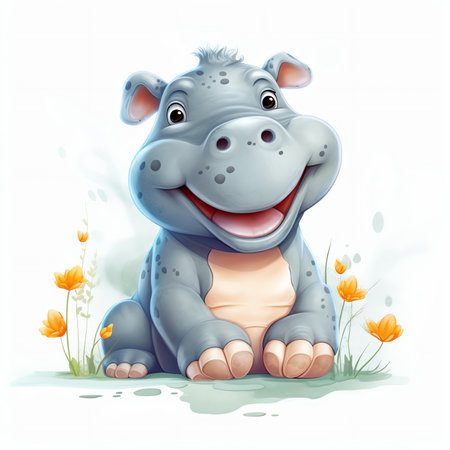 Cute hippo baby animal concept illustration for nursery, character for childrenの素材