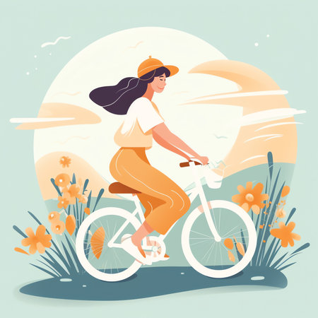 Woman riding a bike in spring with flowers in the basket. Cute vector illustration in flat style.の素材