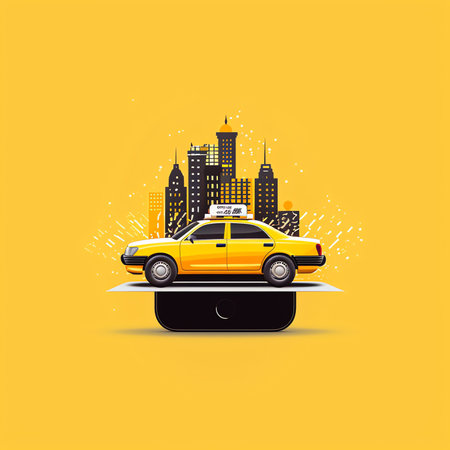 Taxi car with location symbol and city background - illustration in flat style, icon, call a taxi, technologyの素材