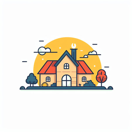 Cute residential country house, country landscape, trendy flat style vector design templateの素材