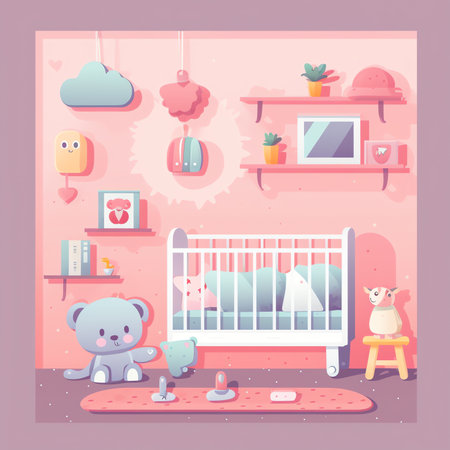 Cozy Nursery interior, baby girl's room, flat style vector illustration templateの素材