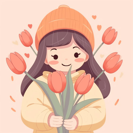 Girl holding flowers, with spring landscape. Easter greeting card template. Vector illustration in flat styleの素材
