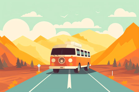 Autumn trip. Landscape with a cute van on the road. Vector illustration in flat styleの素材