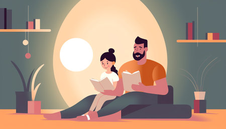 Dad reading for kids. Family sitting on the sofa with book. Cute vector illustration in flat styleの素材