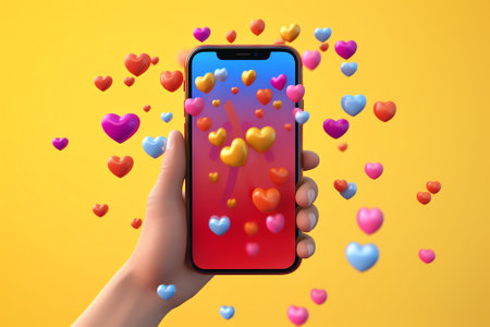 Generative AI 3D Heart shape balloons popping out from smartphone surrounded by confetti and love icon message on pink purple gradient background. Suitable for Valentine's Day sales ad banner.の素材