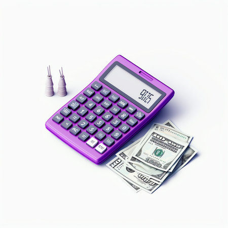 Generative AI Calculator, math device. Financial analytics, bookkeeping, budget, debit, credit calculations concept. 3d vector icon. Cartoon minimal style.の素材