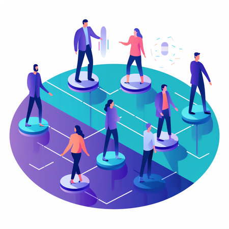 Generative AI Conceptual template with people running on arrow bridge over chasm. Scene for effective crisis management, route to business problem solution. Modern isometric vector illustration for webpage.の素材