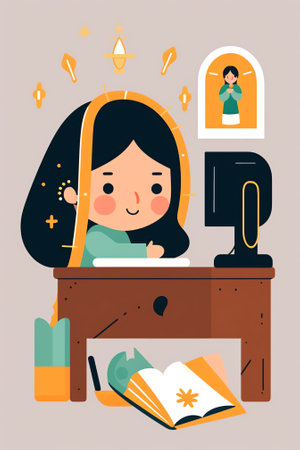 Girl reading a book sitting at a desk. Vector illustration concept in cartoon styleの素材