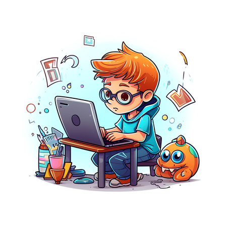 Boy sitting at the desk, learning with computer. Concept illustration for online learning, education, office work, school or university.の素材