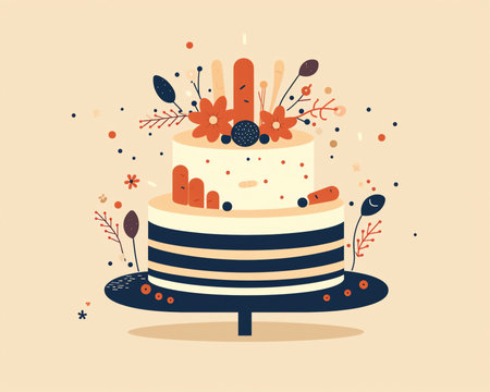 Let s celebrate card with cake and calligraphy. Cute and elegant vector illustration template in trendy minimalist styleの素材