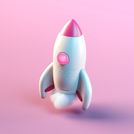 3d render rocket launch, startup business concept. Spaceship with clouds on pink background. Vector illustrationの素材