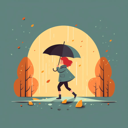 Woman with umbrella and coffee in autumn. Cute vector illustration in flat style.の素材