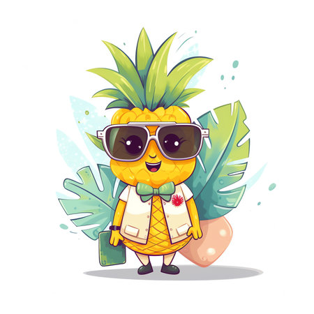 Cute pineapple character with summer lettering. illustration in flat styleの素材