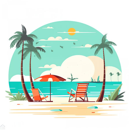Beach chaise longue with umbrella, beach scene with sea and palms. Vector illustration in flat styleの素材