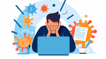 Burnout landing page with upset frustrated man worker, mental health problems. Vector illustration in flat styleの素材