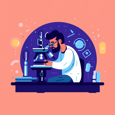 Scientist at work, male character conducting experiments with microscope. Vector illustration in flat styleの素材