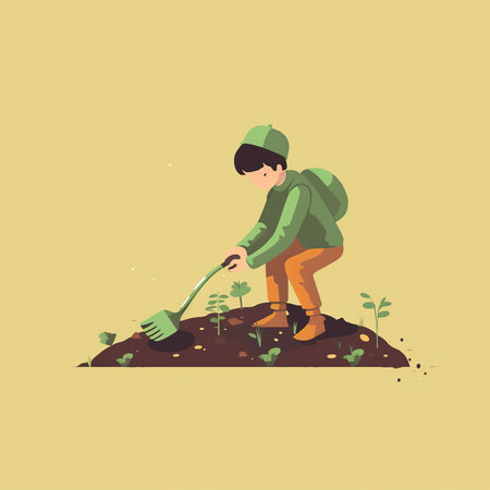 Man digging up ground with shovel to plant a tree. Male working in garden. Cute vector illustartion in flat cartoon styleの素材