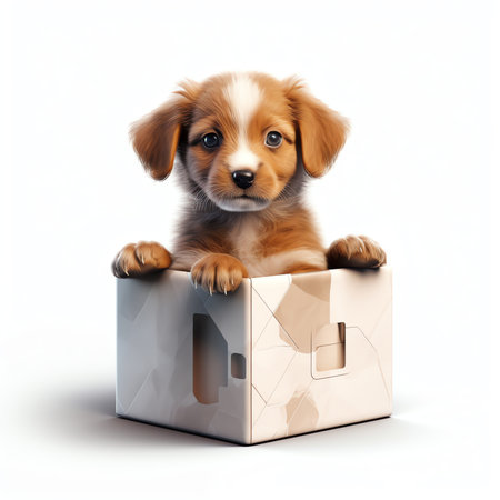 Adopt a pet - cute dog in a box, isolated on white backgroundの素材