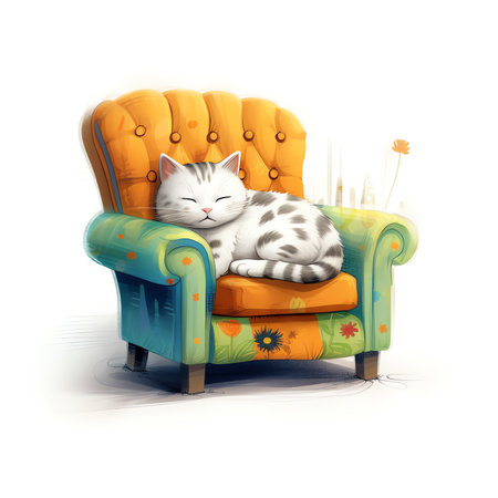 Cozy armchair with cat sleeping. Cute vector illustrationの素材