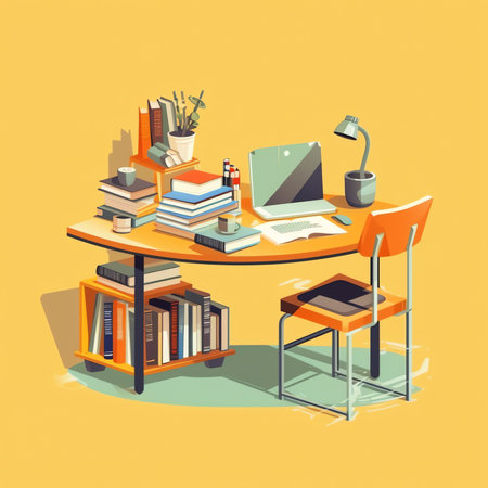 Studying, table with books and different folders. Concept illustration for learning, education, office work, school or university. Vector illustration in flat styleの素材